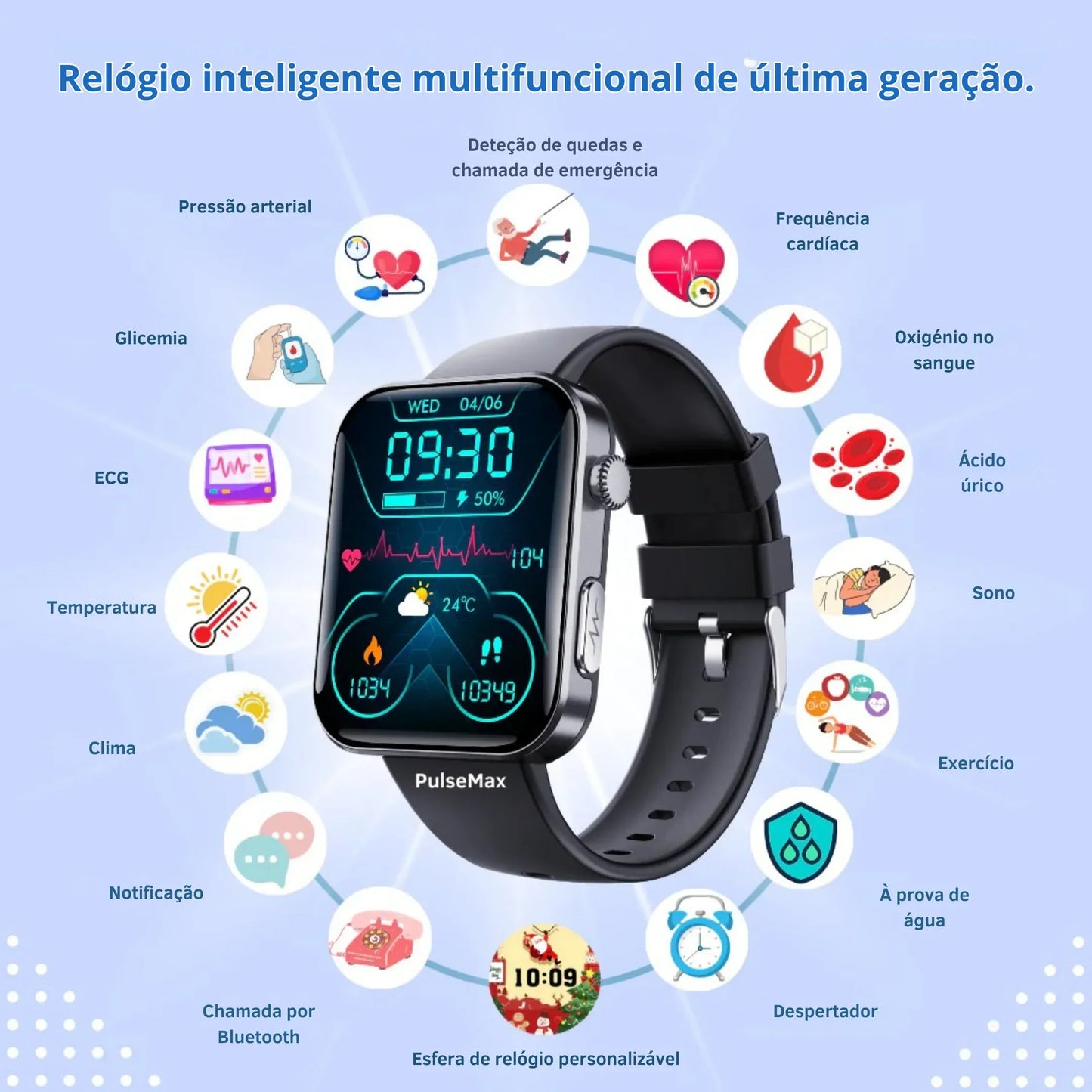 (Super Promoção) PulseMax™ Relógio Inteligente Medidor de Glicose, Frequência Cardíaca, Funções Telefónicas