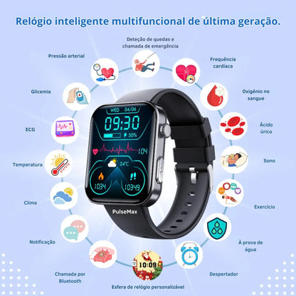 (Super Promoção) PulseMax™ Relógio Inteligente Medidor de Glicose, Frequência Cardíaca, Funções Telefónicas