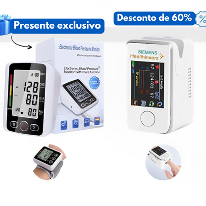 Medidor de glicose no sangue multifuncional + Tensiómetro eletrónico – COMPRA 1 E RECEBE OUTRO GRÁTIS