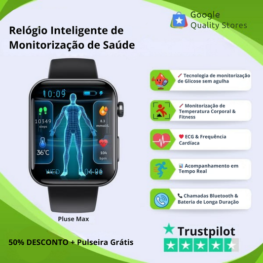 (Super Promoção) PulseMax™ Relógio Inteligente Medidor de Glicose, Frequência Cardíaca, Funções Telefónicas
